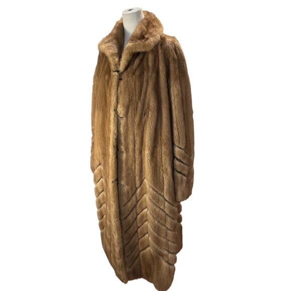 Vintage Natural Brown /Tan Full-Length Genuine Fur Coat Chevron Pattern - Picture 6 of 9